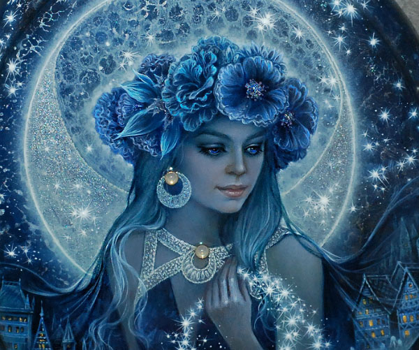 Selena Mistress of the night sky, Goddess of the Moon lacquer miniature by superb Russian artist Svetlana Belovodova!
