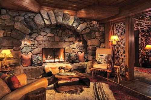 Capricorn Stone Fireplace Lake Placid Lodge Lobby NY